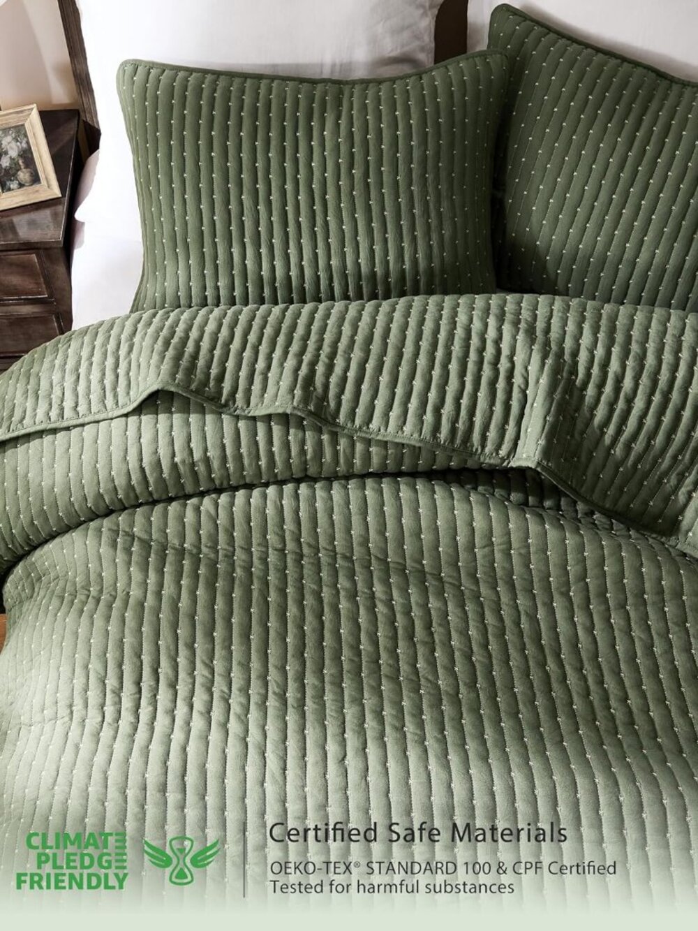 Olive Green Cross Stitch Queen Size Quilt Set, Striped Lightweight Soft Bedsprea - Picture 2 of 9